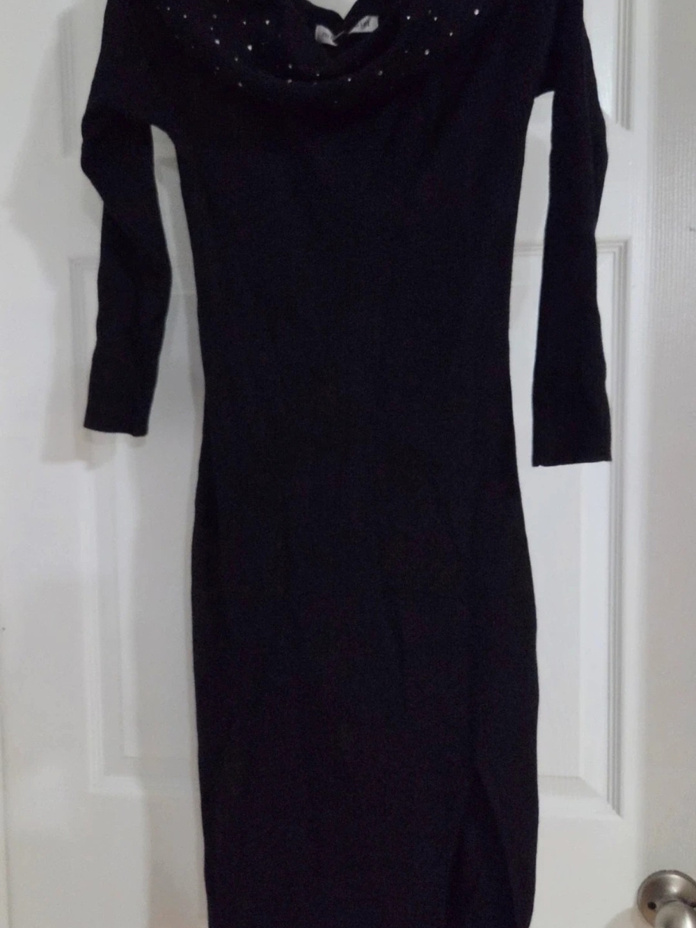 Women's Black Long Sleeve Midi Dress with Embellished Neckline